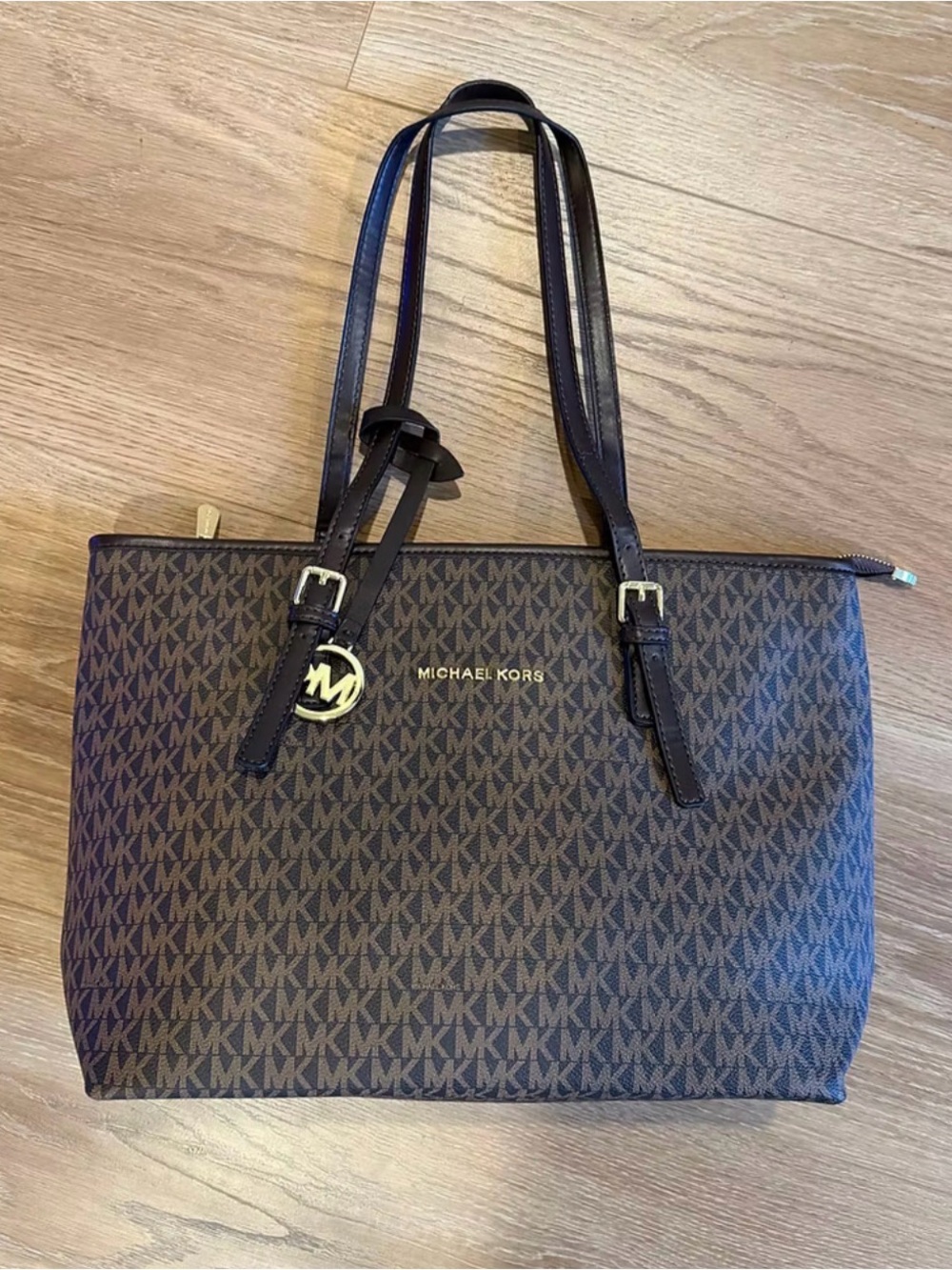 Michael Kors Brown MK Logo Tote with Gold Accents